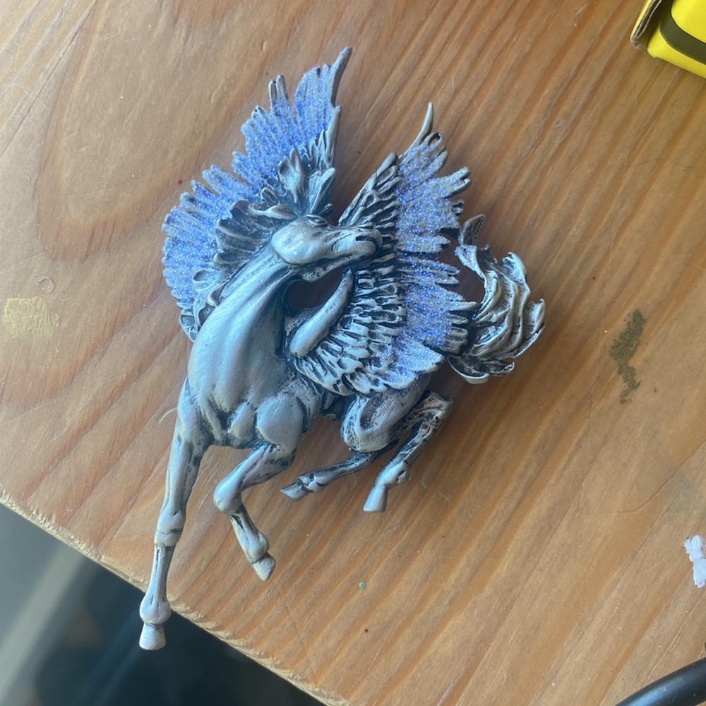 Vintage JJ Jonette Pegasus Broach, pewter, purple glitter wings, silver tone.